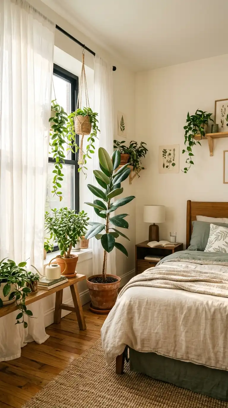 Sunlit Bedroom With Greenery