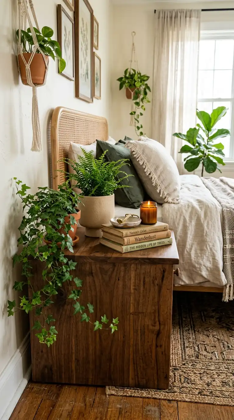 Warm Wood Nightstands With Plants