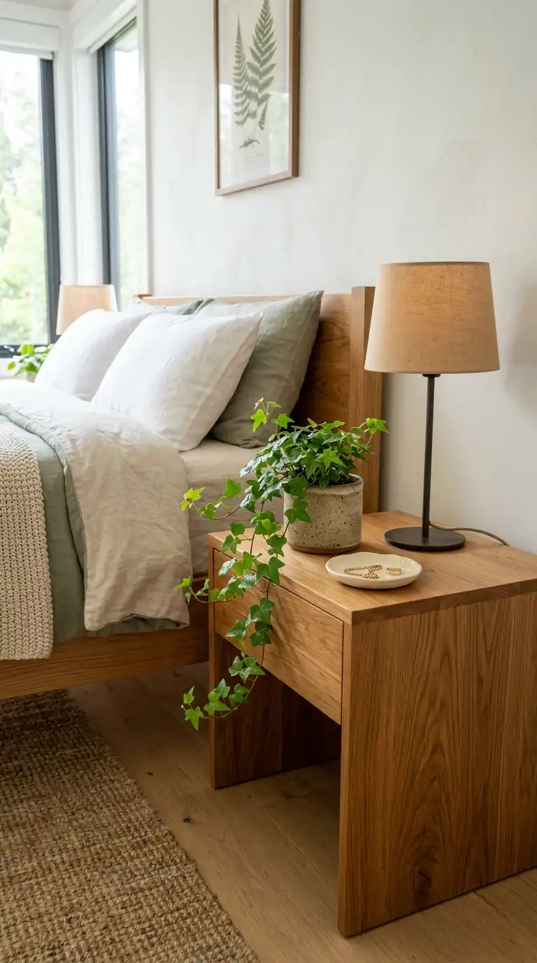 Wooden Nightstand With Plants